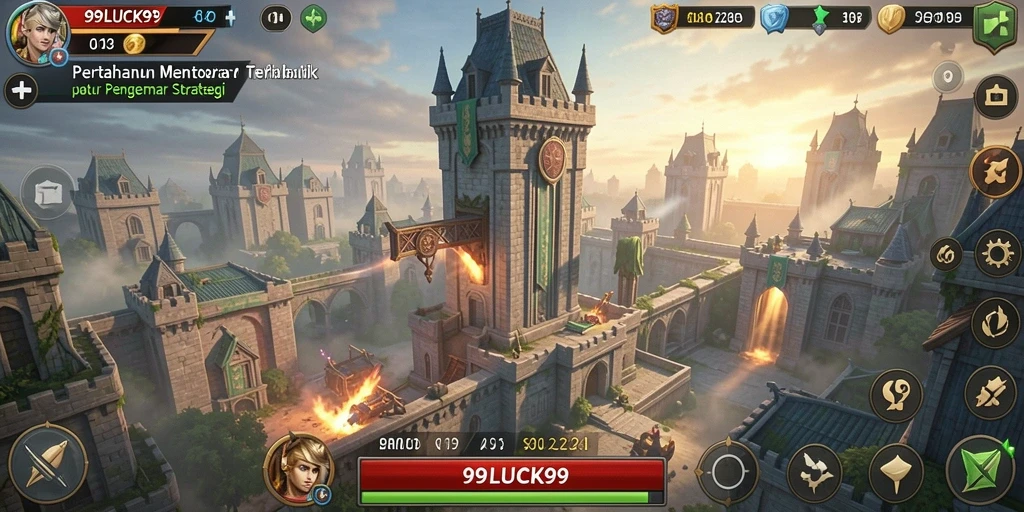 Screenshot gameplay Tower Defense 99LUCK99 dengan menara yang berfungsi.