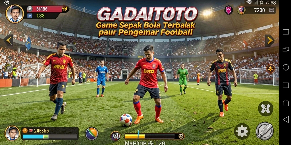 Screenshot gameplay GADAITOTO menunjukkan aksi pertandingan sepak bola yang mendebarkan.