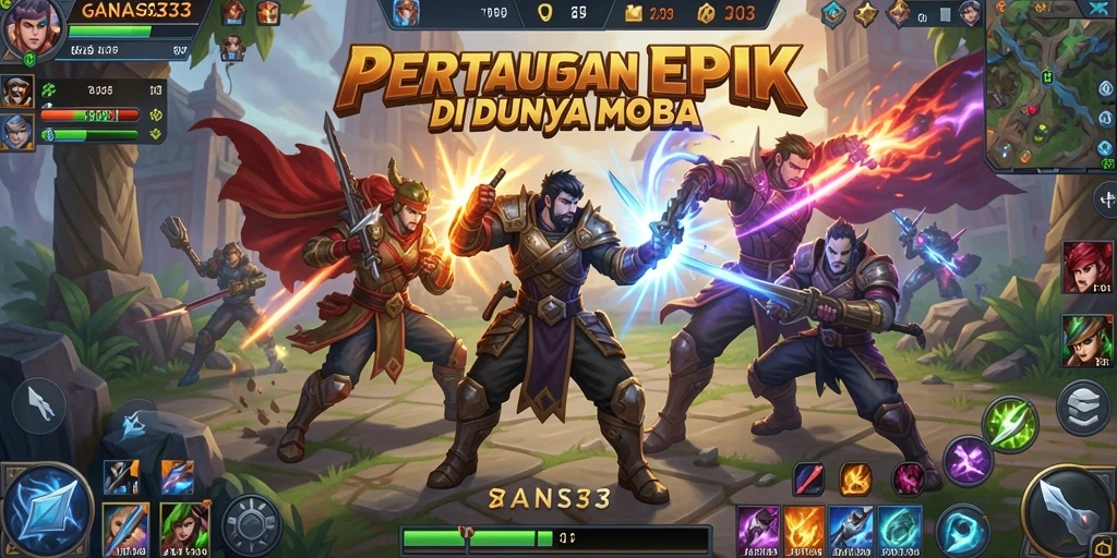 Screenshot gameplay menunjukkan pertarungan seru antar karakter di arena MOBA.