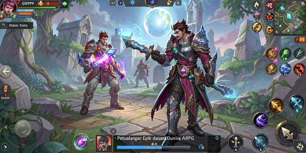 Screenshot gameplay ARPG GG999 menampilkan aksi bertempur yang intens.