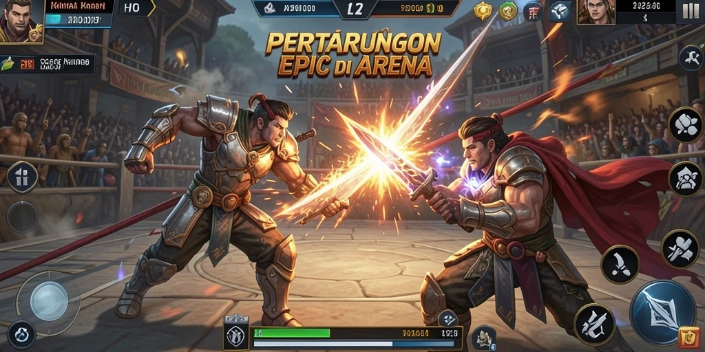 Screenshot menunjukkan karakter dalam pertarungan mendebarkan di arena.