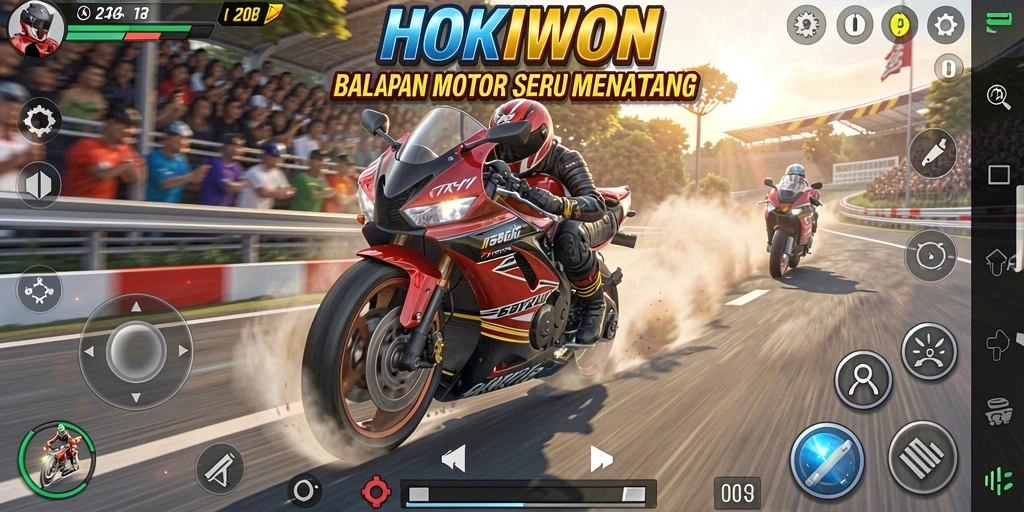 Screenshot HOKIWON menampilkan aksi balapan motor yang mendebarkan.