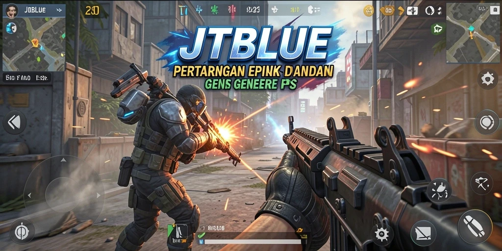 Screenshot JTBLUE menunjukkan aksi menembak yang intens dengan grafis yang luar biasa.