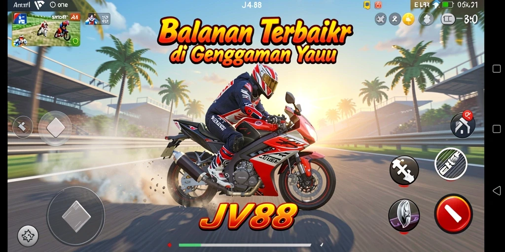 Screenshot gameplay JV88 menampilkan aksi balap motor yang mendebarkan.