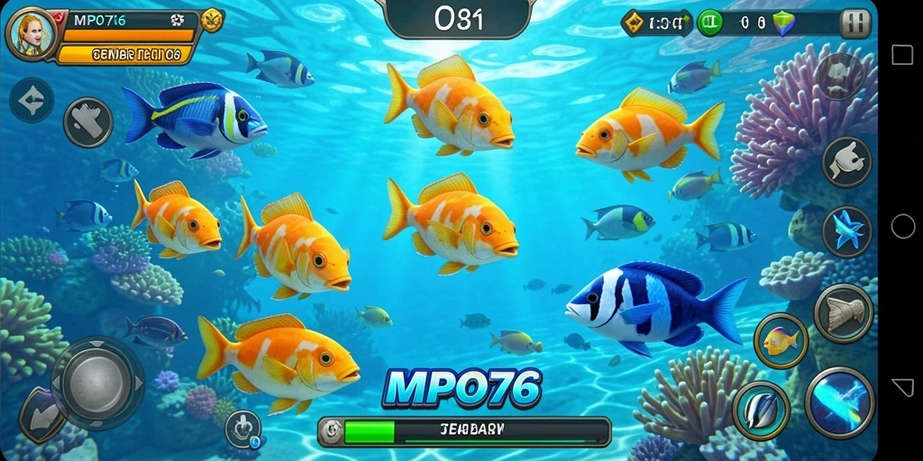 Screenshot gameplay MPO76 dengan aksi menembak ikan yang seru.