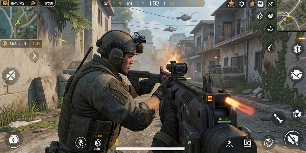 Screenshot RPVIP3 menampilkan aksi menembak mendebarkan dalam game FPS.
