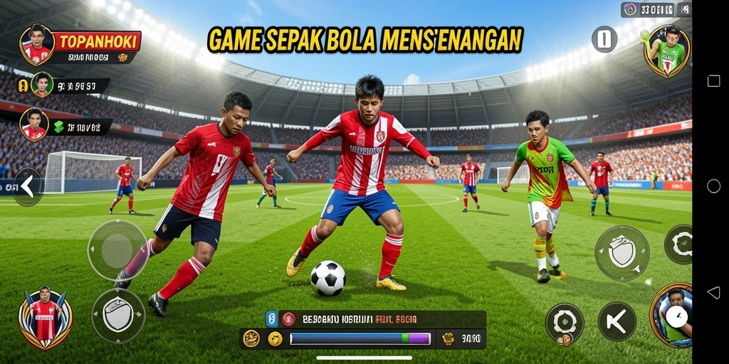Tangkapan layar gameplay seru dari TOPANHOKI yang menunjukkan aksi sepak bola.